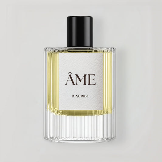 Le Scribe Âme eau de parfum in a clear glass bottle with black cap and minimalist label