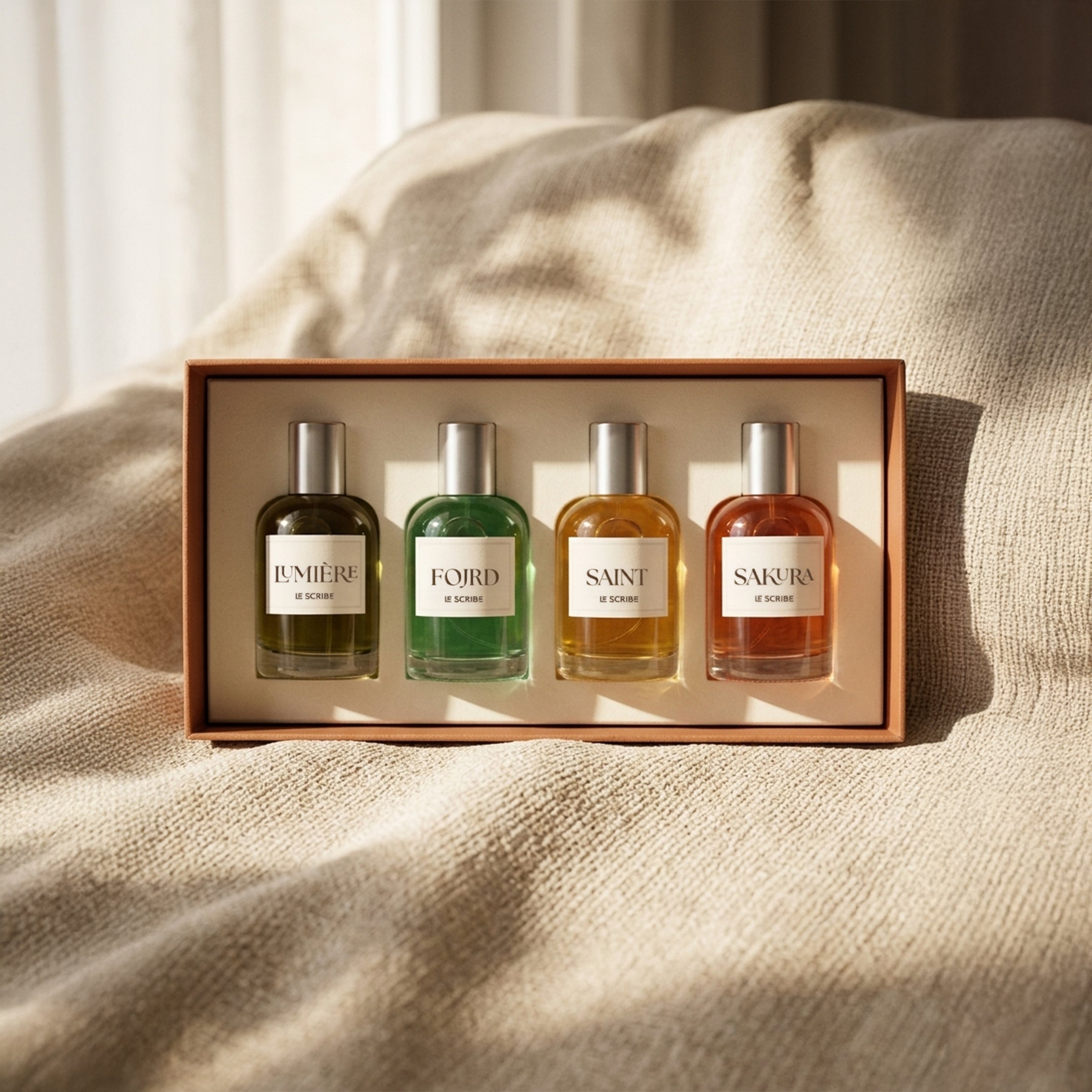 Le Scribe luxury perfume discovery set with four 50ml fragrance bottles — Lumière, Fojrd, Saint, and Sakura — displayed in an elegant box on linen fabric with soft natural sunlight.