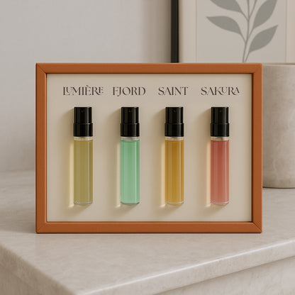 Le Scribe luxury perfume discovery set showcasing four unisex fragrances in an orange textured frame displayed on a marble surface in an elegant interior